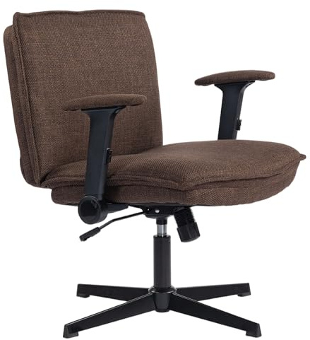 HOMCOM Silla de Oficina Piernas Cruzadas sin Ruedas Marrón | Silla Escritorio, Asiento Ancho 63 cm, Reposabrazos Abatible, Altura Ajustable, Giratoria, Función Basculante, Tapizada Lino