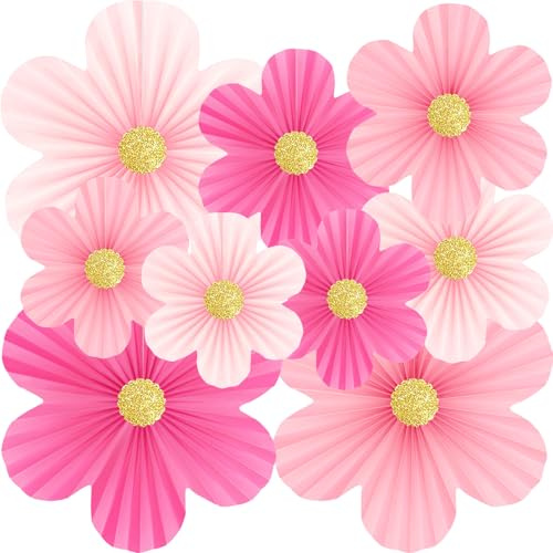 Pink Paper Flowers Decorations for Wall Hot Pink Birthday Decorations 9pcs with 9 Gold Glitter Floral Centers Paper Fans Floral Backdrop Flower Wall Decor for Classroom Wedding Baby Shower,Paper Guide