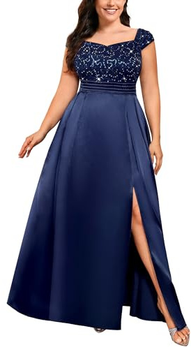 MISSMAY Women's Plus Size Vintage Lace Sequin Sweetheart Neck High Split Wedding Guest Banquet Maxi Dress