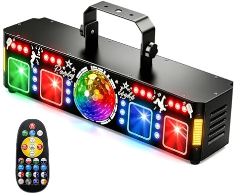 Luz DJ disco con control musical compatible DMX512, luces de escenario con estroboscopio, UV y bola de espejos, con mando a distancia, para club, bodas, Halloween, fiestas y uso doméstico