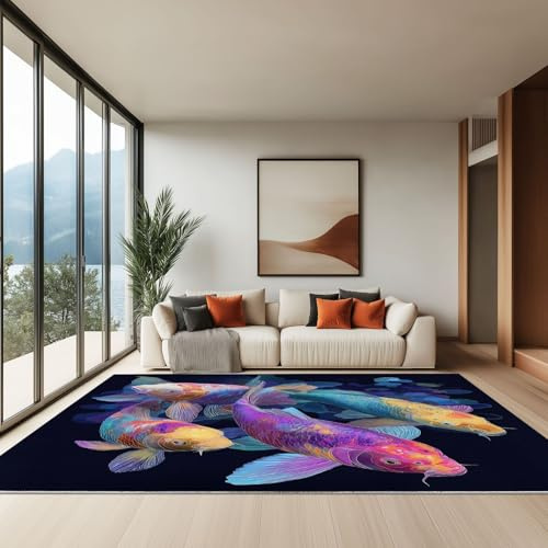 Generico Tappeto Salotto Arte Stagno Carpa Morbido Pelo Corto Tappeto Camera Da Letto, Tappeti Antiscivolo Lavabile per Cameretta Soggiorno Sala Scendiletto, Nero 100 x 150 cm