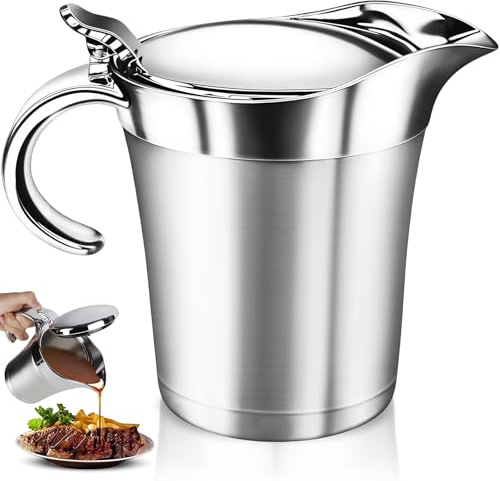 Salsiera Termica 450ml con Coperchio & Manico, Brocca Doppia Parete Acciaio Inox, Pentola Salse Isolamento termico Ribaltabile, Contenitore Servire per Salsa, Crema Vaniglia, Panna (Argento)