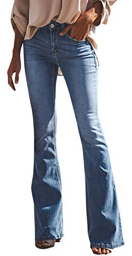 Petalum Women Flared Jeans Bootcut Trousers Solid Color Fashion Slim Fit High Waist Stretch Skinny Denim Pants with Holes(Light Blue, 10/tag L)