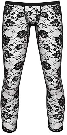 TiaoBug Herren Sissy Strumpfhose mit Bulge Beutel Transparent Leggings Spitzen Dessous Erotik Unterhosen Pants Reizwäsche Schwarz XL