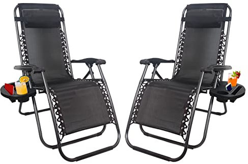 1ABOVE Set of 2_Folding Reclining Chairs_Heavy Duty Textoline Zero Gravity Chairs_Garden Outdoor Patio Sun Loungers (BLACK)