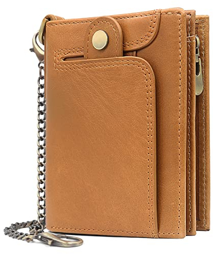 REETEE Portefeuille Homme Blocage RFID Porte Monnaie Homme en Cuir Véritable avec Chaine Petit Porte Feuille Homme 14 Porte Carte Crédit, Classique Porte Feuille avec Boîte Cadeau (Brun)