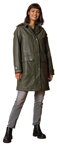 Roman Originals Women Waxed Coat with Hood - Ladies Hooded Winter Jacket with Pockets Autumn Long Longline Rainproof Windproof Showerproof Everyday Evening Work Smart Casual - Khaki - Size 18