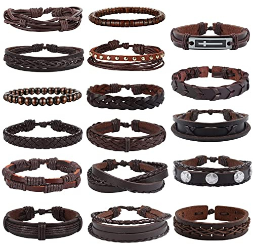 Milacolato 17 Pezzi Bracciale in Pelle Intrecciata per Uomo e Donna - Polsino Punk con Accessori - Cinturino da Polso Gioielli Marrone