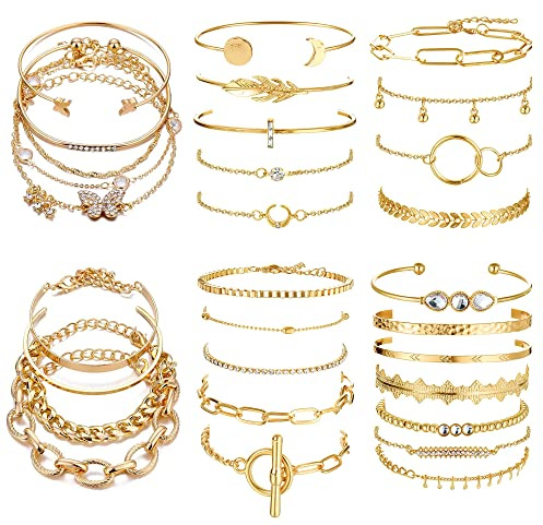 Dochais 30 Stück Boho Gold Armbänder Set, Geschichtet Armband Verstellbaren, Stapelbare Armbänder Damen Gold, Böhmisches Mehrschichtiges Armband für Damen Frauen Mädchen