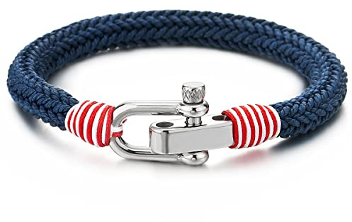 COOLSTEELANDBEYOND Grande Azul Rojo Blanco Acero Tornillo Grillete del Ancla Hombre Mujer, Pulsera Abrigo Tejido Algodón, Náutico Marinero