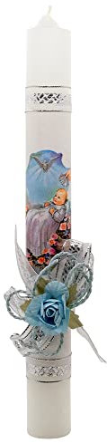 Candela pasquale per battesimo da 30,5 cm, regalo cattolico per battesimo o neonato, rosa blu, rosa o bianca con nastri argentati, tradizione pasquale religiosa (blu)