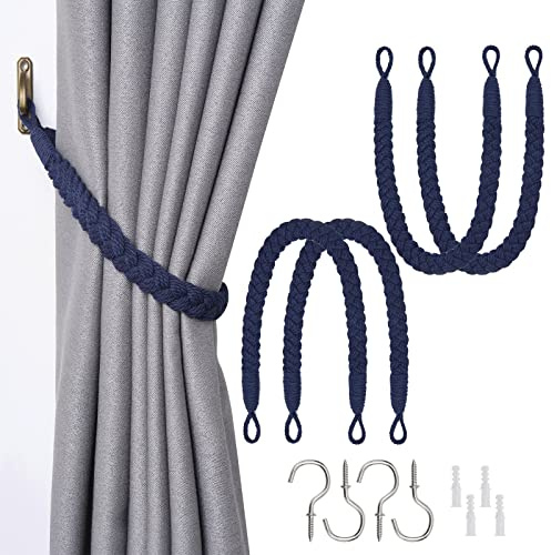 Pretty Jolly 4-pack naturligt bomullsrep gardinbindningar elegant boho-stil dekorativ draperi bakstycken mjuka handvävda gardinhållare med metallkrok för hem- och kontorsdraperi (mörkblå)