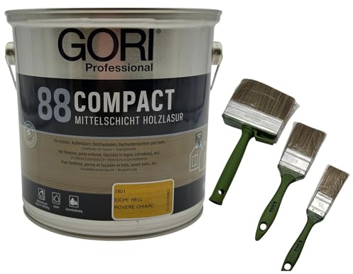zbs24 Gori 88 Compactlasur eiche hell 5 Liter Holzschutzlasur, tropfgehemmte Mittelschichtlasur, inkl. 3-teiliges Pinselset zur einfachen Verarbeitung der Lasur