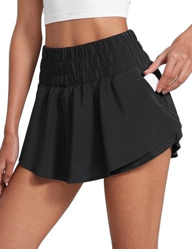 CRZ YOGA Ruffle Skirt Overlay Athletic Shorts for Women - High Waisted Flowy for Workout Running Tennis with Zip Pocket Black Medium