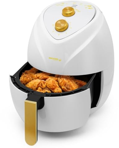 Holstein Housewares 4.8QT Air Fryer Golden Elegance. Hot Air Technology & PFOA Free Non Stick Coating for Less Oil Use with Led Display. No Pre Heating, Fry, Bake, Grill and Roast. White & Gold