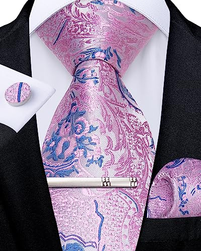 DiBanGu Cravate formelle en soie pour homme avec motif cachemire et mouchoir de poche, boutons de manchette, pince à cravate pour fête de mariage, bal de fin d'année, Rose et bleu, taille unique