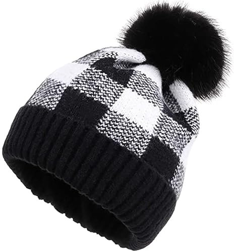 Warm Knitted Beanies Elf Knitting Hat Winter Plaid Crochet Beanie Hats Skull Cap with Pompom for Adult Teens White and Black