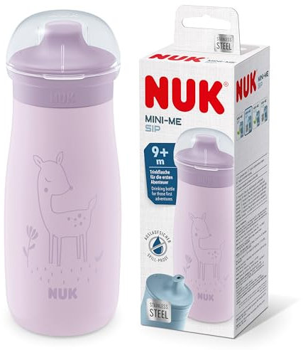NUK Mini-Me Sip für Kleinkinder | ab 9 Monate | 300 ml | Edelstahl-Wasserflasche für Kleinkinder | auslaufsichere stabile Trinköffnung | bruchsicher | lila Reh