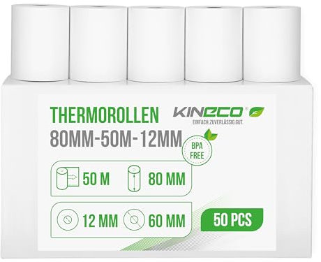 Kineco Kassenrollen 80mm x 50m x 12mm - Thermorollen, Thermopapier, Bonrollen (80x60x12) 50 Rollen