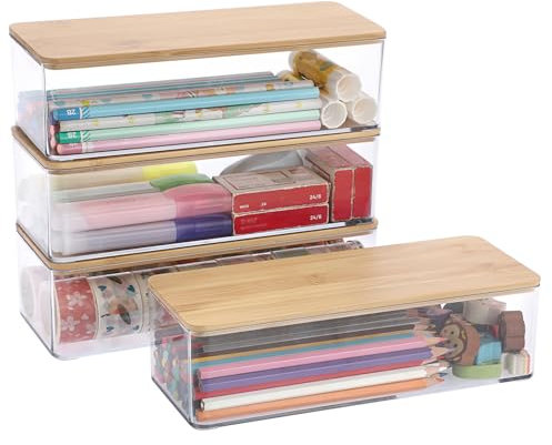 OGANAZI 4 Pcs Clear Pencil Cases with Bamboo Lids Plastic Pencil Box for Pencil Pen Storage Stackable Stationery Organiser Office Stationery Supplies, Craft Box for Arts and Crafts, 23.4*9.4*6.7cm