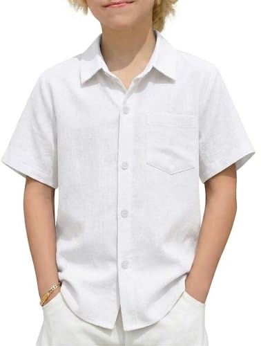 Arshiner Niño Camisa de Lino Verano Camisa de Manga Corta Bolsillo Ocio Shirt Básica Camisas para Niño 9-10 Años Blanco
