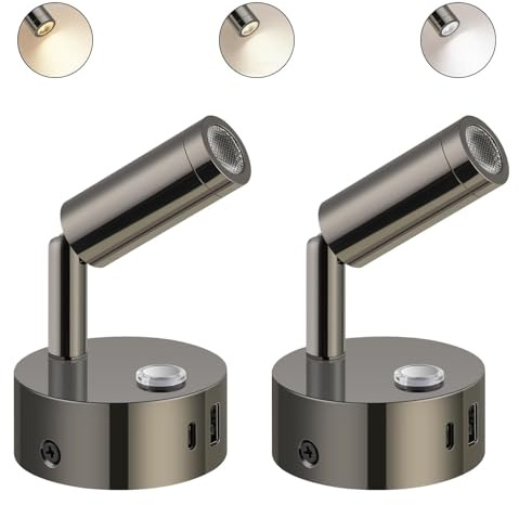 ERWEY 2 delar LED läslampa 12V husbil, vägglampa sänglampa med switch touch dimbar 3000K-6000K, DC 12V-24V spot interiörbelysning med USB A + C-portar för båt bil van yacht, glansig svart