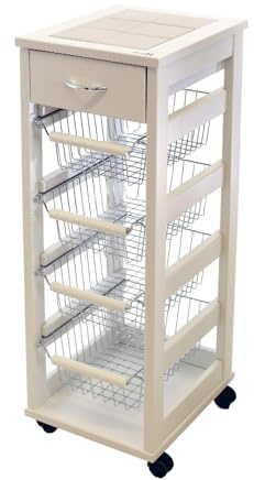 MA MAISON Carrello Salvaspazio da Cucina in Faggio - Portafrutta, Piano D'appoggio, Cassetto Estraibile, Ruote, Spostamento, Cesti in Metallo Estraibili, Cucina - 83hX36x29 cm (BIANCO)