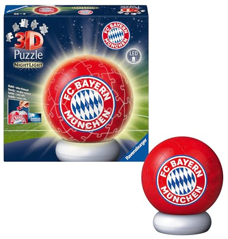 Ravensburger 3D Puzzle FC Bayern Munich - Puzzle 3D per bambini dai 6 anni in su - palla puzzle con luce notturna a LED come lampada da comodino per bambini - Regali FC Bayern Monaco
