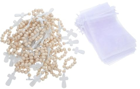 Healevedi Braccialetti con Rosario in Legno per Battesimo e Prima Comunione Set da 40 Pezzi con Sacchetti in Organza per Decorazioni e Elementi di Benedizione Adatti per Party e Shower