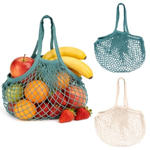 2 stycken inköpsnätsväska i bomull, 56 cm, beige grönsaksshoppingsnät