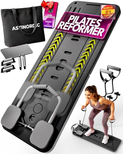 ASTINORDIC Pilates Reformer Plegable con Accesorios + Guía de 10 Ejercicios, Pilates Board para Casa, Tabla Pilates Multifuncional, Mini Reformer Pilates, Máquina Pilates Home Gym