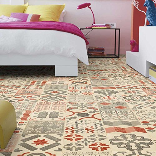 livingfloor® PVC Bodenbelag Shabby Retro Fliesenoptik Mediterran Rot 2m Breite, Länge variabel Meterware, Größe:2.50x2.00 m