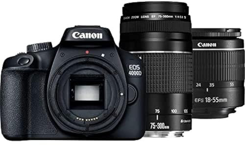 Canon EOS 4000D + 18-55 DC + 75-300 Cuerpo de la cámara digital SLR Negro - (18 MP, 5184 x 3456 Pixeles, Full HD, 436 g, Negro)