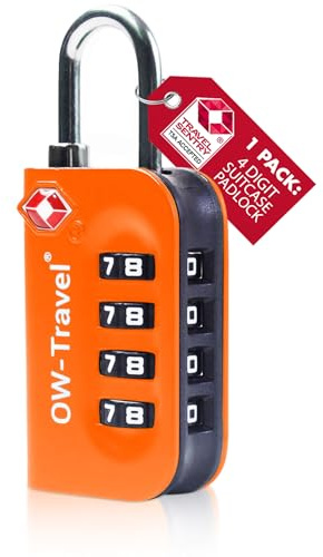 OW-Travel Suitcase Locks, TSA Approved Luggage Padlocks, Orange, 1 Pack | 4 digit combination luggage locks for suitcases, hand luggage, cabin bags, travel bags, backpacks, lockers, zipper cases
