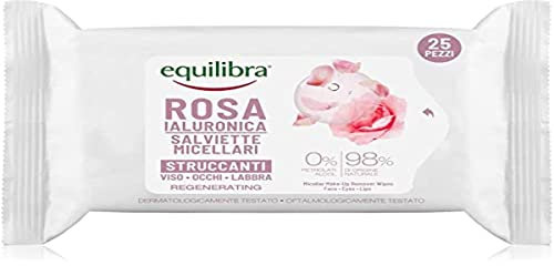 Equilibra Viso, Rosa Ialuronica Salviette Micellari Struccanti, in Tessuto con Acqua di Rosa Fermentata, Acido Ialuronico e Glicerina Vegetale, Struccano con Delicatezza, 25 pz