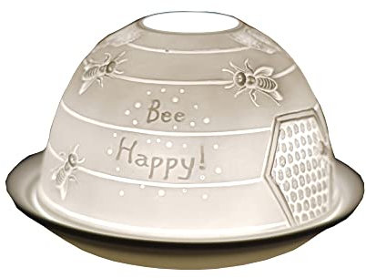 Cello Porcelain Tealight Holder Dome, Bee Happy Design - A Stunning Candle Holder Projecting a 3D Loving Message. Use With Scented and Unscented Tealights - Bee Gifts For Women