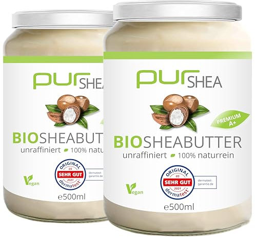 purSHEA-Bio Sheabutter (2x500ml) GLAS-Unraffiniert -Naturbelassen Ohne Zusätze Vegan Parfümfrei- 100% Reine Bio-Sheabutter Plastikfrei im Glas -Shea Butter- Premium Qualität (A+)