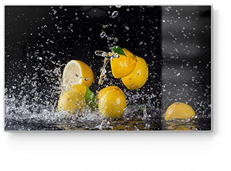 DEQORI Tabla de desayuno de cristal, pequeña 23 x 14 cm, diseño de limones y perlas de agua, tabla de cortar para cocina, antibacteriana y antideslizante, placa de cristal y bandeja para servir