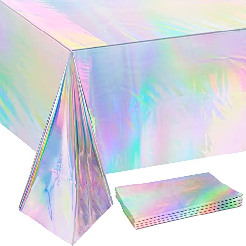 OHOME 4 Pack Iridescence Plastic Tablecloths Disposable Galentines Day Decorations New Years Birthday Disco Bachelorette Bridal Wedding Rainbow Iridescent Party Decorations 54 x 108