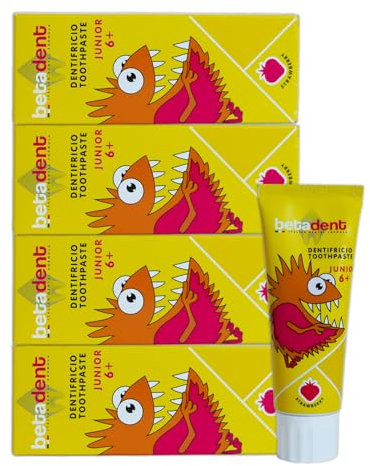 Betadent KIT 4 DENTIFRICIO JUNIOR 6+ per bambini da 6 anni in su. Formulazione naturale, antiplacca e anticarie. Equilibrato dosaggio di Sali di Fluoro alla concentrazione di 950 ppm F. 4x75ml