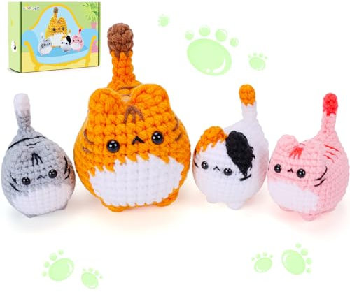 Crochet Kit for Beginners-4PCS Cat Crochet Kits for Adults, Teacher Appreciation Gifts, Crochet Starter Kit with Step-by-Step Video Tutorials, Crochet Animals Kits DIY Craft Kit Learn to Crochet Kits