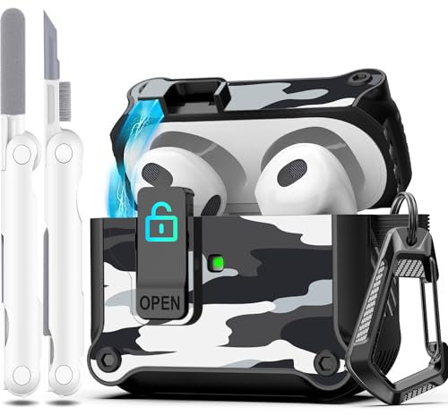 R-fun - Funda para AirPods de 3.ª generación 2021, protección Total contra caídas, Tapa emergente automática para Apple Airpod 3 Gen con Kit de Limpieza y Llavero,Camuflaje de Nieve