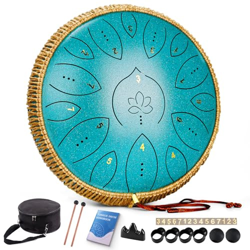 Steel Tongue Drum 13 Inches 15 Notes, Hand Pan Drums for Adults 440hz, C Major Handpan Musical Instrument with Song Book, Mallets and Carry Bag, Malachite Green