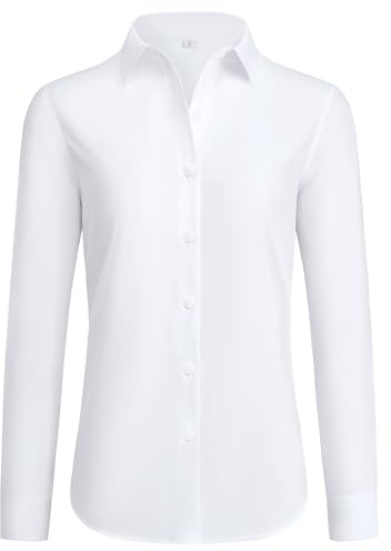 siliteelon Button Down Shirts for Women Wrinkle Free Dress Shirts Long Sleeve Shirts Formal Work Office Blouses Tops White Small