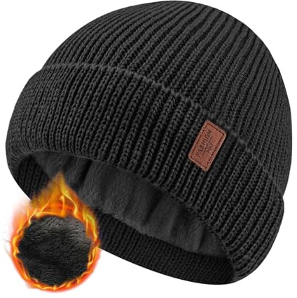 JFAN Gorro Hombres y Mujeres Invierno Gorro Docker de Punto Forro Polar Slouch Beanie de Lana Gorro de Invierno con Tapa de Calavera Enrollable Unisex,Negro