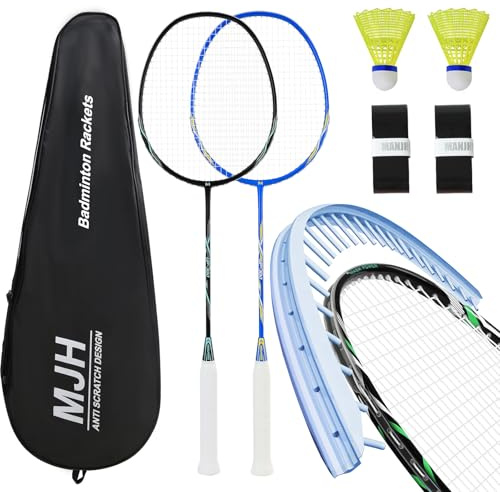 MANJHONG Badminton Set with 2 Graphite Rackets - Anti Scratch Design - Badminton Racket Set for Adults, Incl. Shuttlecock, Grip Tape & Racquet Bag, Black+Blue