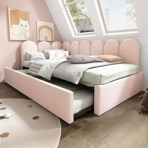 RIAZOS Upholstered Bed with Pull-Out Bed, 3FT Single Daybed Sofa Bed 90X190cm, Guest Beds for Adults and Children, with Metal Slatted Frame, Velvet, No Mattress, Pink