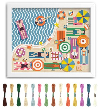FREEBLOSS Juego de punto de cruz con diseño de flamenco, para adultos, con instrucciones On the Beach, juego de bordado de tela de algodón puro para principiantes sin marco, 16 x 20 cm