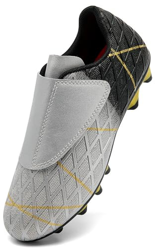 VTASQ Chaussures de Football Garçon Fille Chaussure de Foot Spike Crampons Adolescents Athlétisme Professionnel Entrainement Chaussures de Sport pour Extérieur Noir Argent EU38