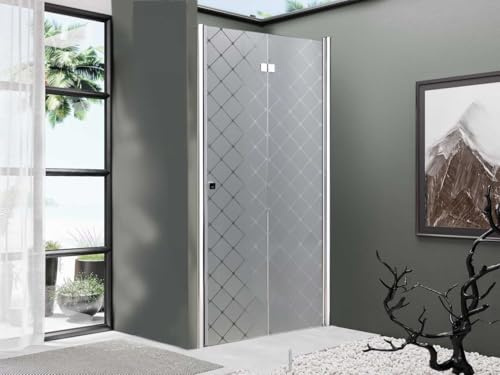 DocciaSì® - Porta Doccia Pieghevole in Vetro Temperato 6 mm con Pattern a Rombi, Profili in Alluminio Cromo Lucido, Apertura a Libro per Box o Nicchia Doccia Moderna